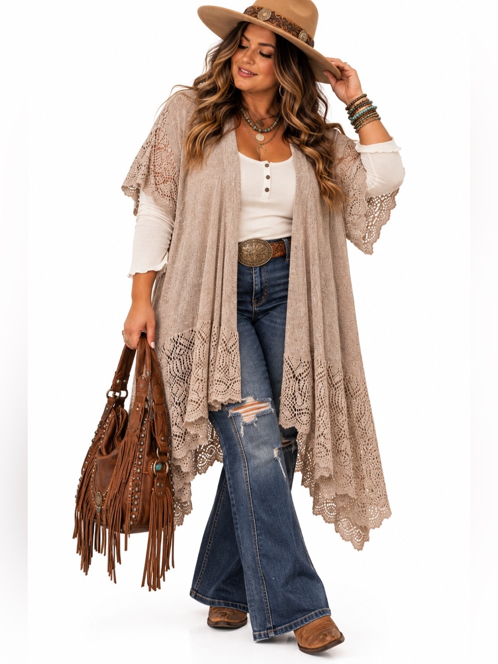 Chico’s Size 3 Taupe Crochet Lace Open Front Cardigan Duster Boho Kimono